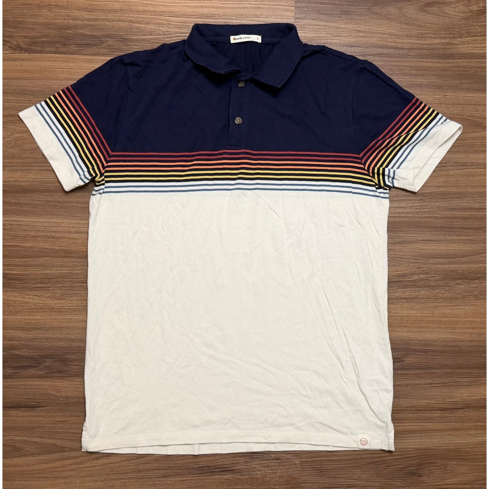Marine Layer Men Retro Colorblock Navy Cream Multi Stripe Cotton Modal Polo Sz S